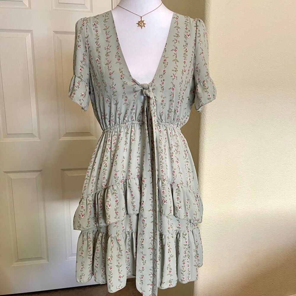 Cottagecore ruffle Tiered Tie-Front Mini Dress - size small